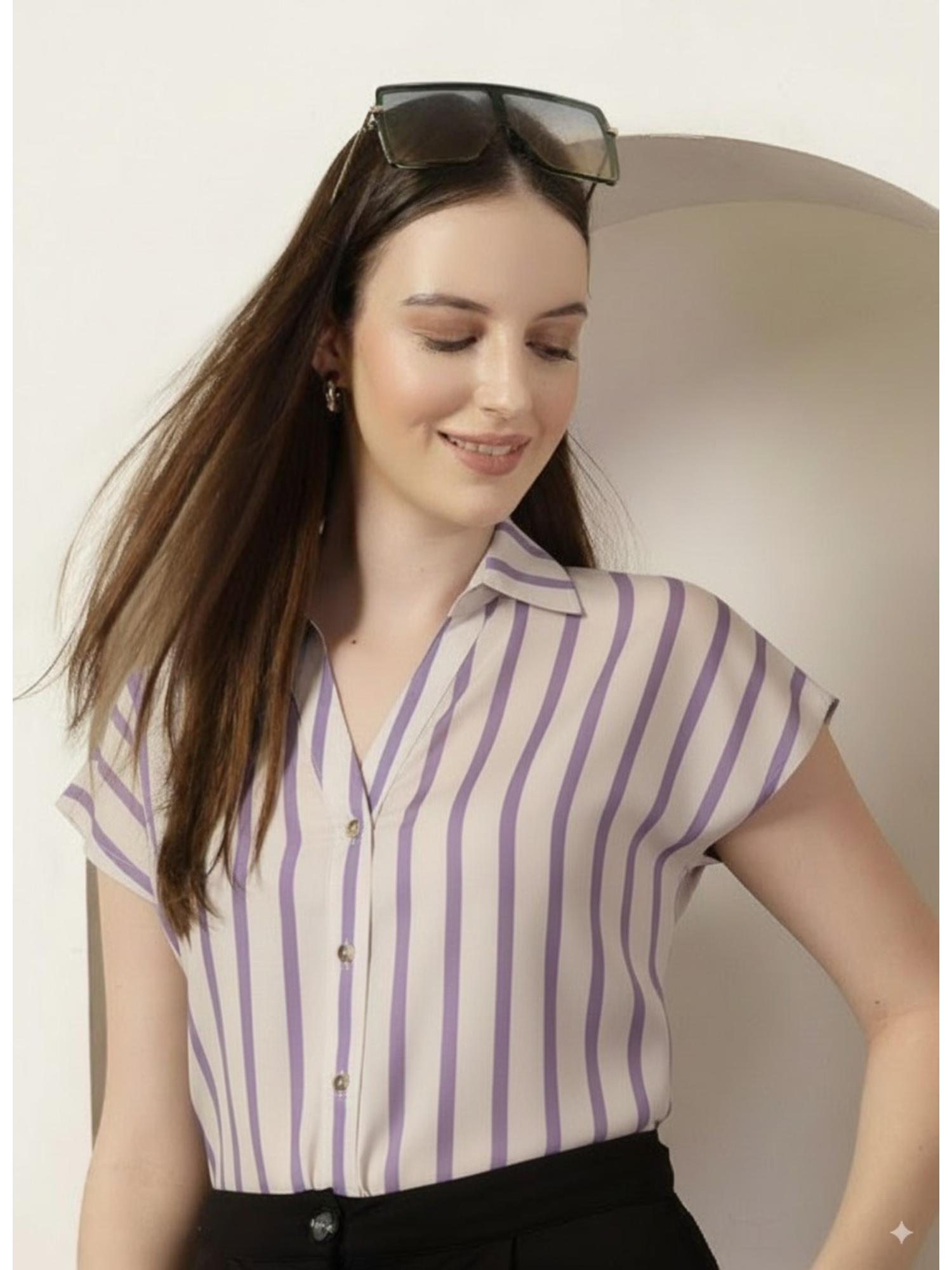 style quotient Women Beige And Lilac Striped Polyester Shirt-picture-24