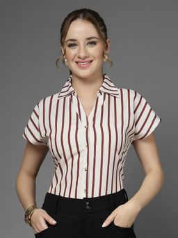 Style Quotient - Women Beige And Brown Striped Polyester Shirt