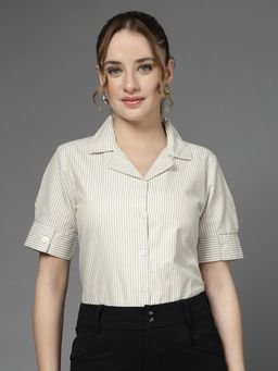 Style Quotient - Women Stripe Beige/White Polycotton Formal Shirt