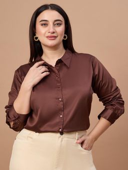 Style Quotient - Women Solid Brown Satin Formal Shirt