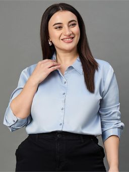 Style Quotient - Women Solid Light Grey Satin Formal Shirt