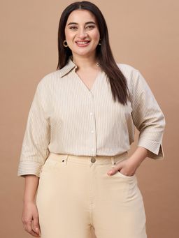 Style Quotient - Women Stripes Beige White Polycotton Formal Shirt