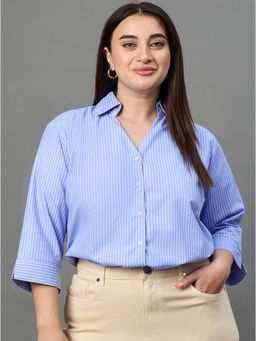 Style Quotient - Women Stripes Blue White Polycotton Formal Shirt