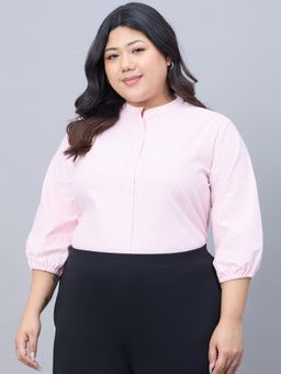 Style Quotient - Plus Women Polycotton Stripe Pink White Shirt