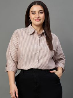Style Quotient - Women Brown White Stripe Polycotton Formal Shirt