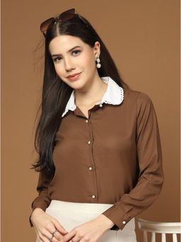 Style Quotient - Women Colorblocked Brown And White Polyester Shirt
