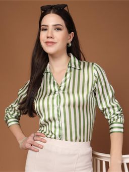 Style Quotient - Women Satin Green And White Stripe Shirt