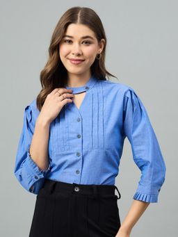 Style Quotient - Women Solid Blue Cotton Shirt