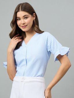Style Quotient - Women Striped Polycotton Blue And White Shirt