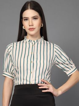 Style Quotient - Women Polyester Beige And Green Stripe Shirt