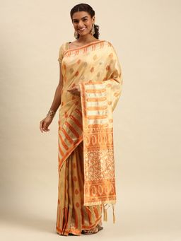 Sangam Prints - Off White Silk Woven Zari Work Traditional Tassel Saree with Unstitched Blouse