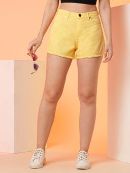 Globus - Women Yellow Stretchable Mid-Rise Frayed Denim Shorts