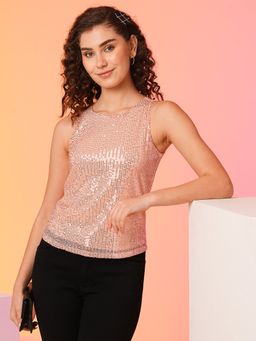 Globus - Women Rose Gold Sequinned Net Party Top