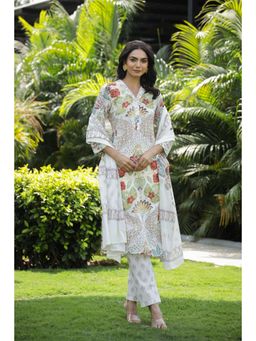 Gahan - Women Floral Cotton Kurta and Pant with Dupatta - White