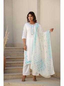 Gahan - Women Embroidered Cotton Kurta and Pant with Dupatta - White
