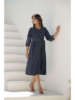 Gahan - Women Embroidered Cotton Midi Dress with Belt - Blue