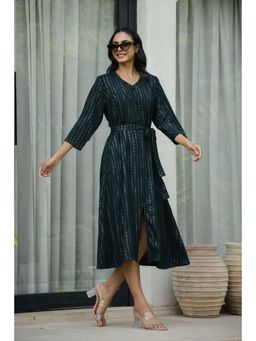 Gahan - Women Printed Cotton Midi Dress with Belt - Green