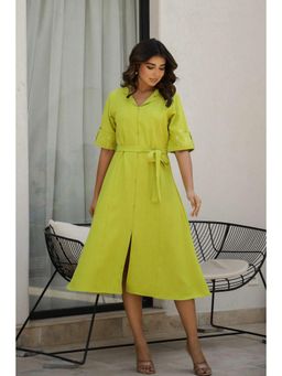 Gahan - Women Embroidered Cotton Midi Dress with Belt - Green