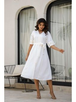Gahan - Women Embroidered Cotton Midi Dress with Belt - White