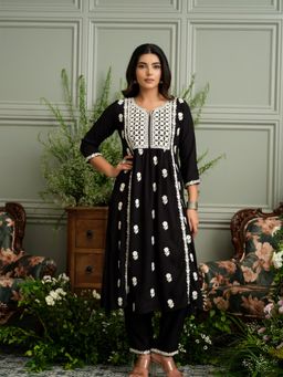 Gahan - Womens Black Hand Chikankari Embroidery A-Line Kurta with Pant