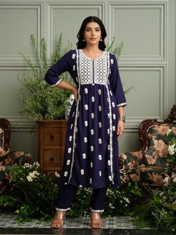Gahan - Womens Navy Blue Hand Chikankari Embroidery A-Line Kurta with Pant