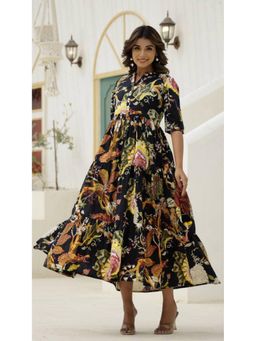 Gahan - Women Printed Cotton Long Maxi Dress - Black
