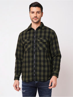 ROOKIES - Men Green Checks Pure Cotton Full Sleeve Zipper Shacket