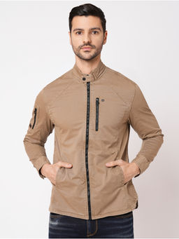 ROOKIES - Men Khaki Solid Cotton Spandex Full Sleeve Zipper Shacket