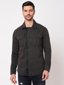 ROOKIES - Men Charcoal Denim Pure Cotton Full Sleeve Zipper Shacket