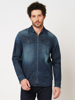 ROOKIES - Men Blue Solid Cotton T Elastane Full Sleeve Zipper Shacket