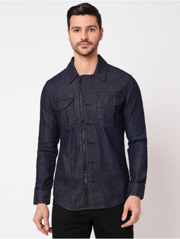 ROOKIES - Men Blue Denim Pure Cotton Full Sleeve Zipper Shacket