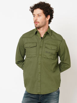 ROOKIES - Men Olive Solid Cotton Spandex Full Sleeve Snap Button Shacket