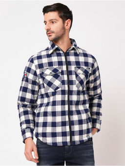 ROOKIES - Men Navy Blue Checks Pure Cotton Full Sleeve Zipper Shacket