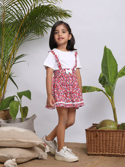 Budding Bees - Girls Red and White T-Shirt with Dungaree (Set of 2)