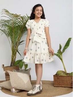 Budding Bees - Girls Cream Cotton Stylish Shorts Sleeve Top with Skirt (Set of 2)