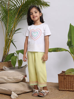 Budding Bees - Girls White and Yellow Heart Lace Patch T-Shirt with Pants (Set of 2)