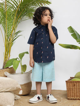 Budding Bees - Boys Navy Printed Cotton Shirt with Shorts (Set of 2)