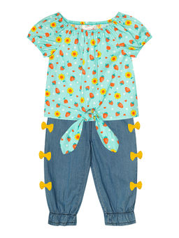 Budding Bees - Girls Blue Sunflower Printed Top with Jean (Set of 2)