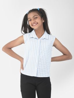 CRIMSOUNE CLUB - Girls Sky Blue Striped Cropped Shirt