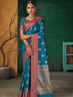 Odette - Womens Teal Silk Blend Woven Design Saree with Unstitched Blouse