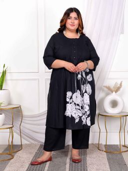 Miravan - Plus Size Black Floral Print Kurta and Palazzo (Set of 2)
