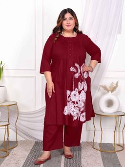 Miravan - Plus Size Maroon Floral Print Kurta and Palazzo (Set of 2)