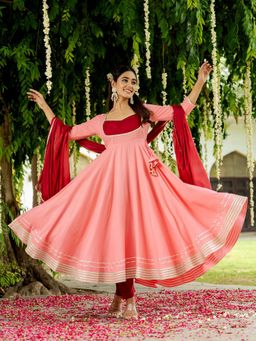 GAYRAA - Peach Rayon Solid Anarkali with Pant and Dupatta (Set of 3)