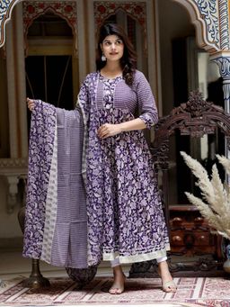 Miravan - Plus Size Purple Floral Printed Anarkali and Dupatta (Set of 2)