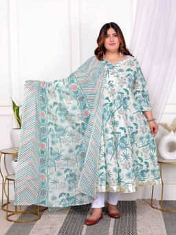 Miravan - Plus Size Green Floral Printed Anarkali and Dupatta (Set of 2)