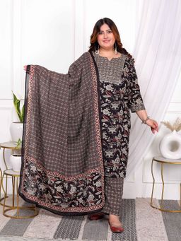 Miravan - Plus Size Black Floral Printed Kurta with Palazzo and Dupatta (Set of 3)