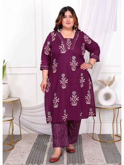 Miravan - Plus Size Purple Floral Print Kurta and Palazzo (Set of 2)