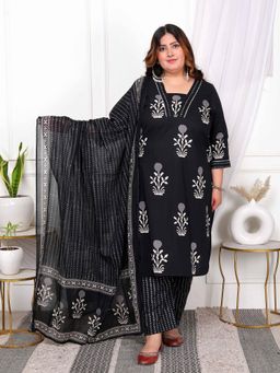 Miravan - Plus Size Black Floral Print Kurta with Palazzo and Dupatta (Set of 3)