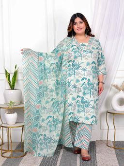 Miravan - Plus Size Green Birds Print Pakistani Style Kurta with Palazzo and Dupatta (Set of 3)