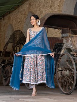 GAYRAA - Blue Floral Printed Anarkali with Pant and Dupatta (Set of 3)